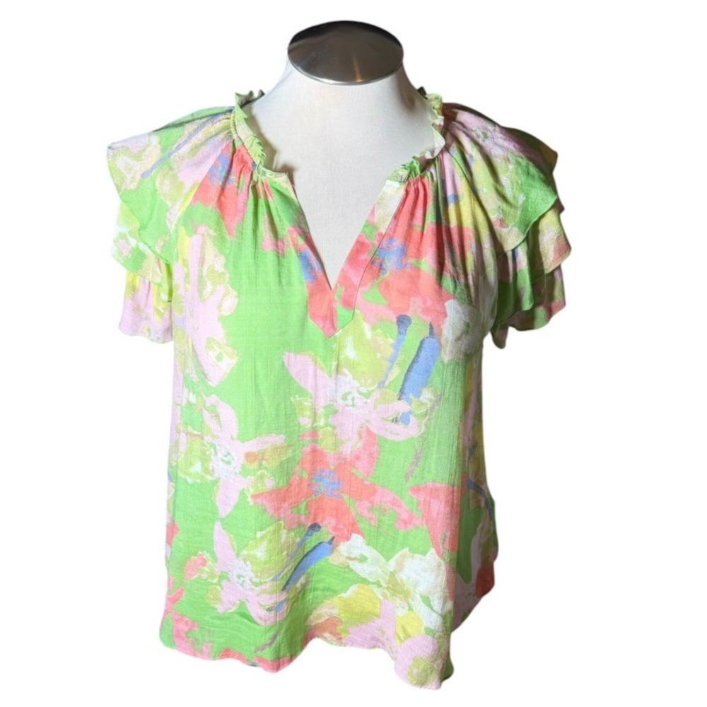 Hope & Harlow XL Floral Ruffle Sleeve Blouse Green Pink Split Neck Top
